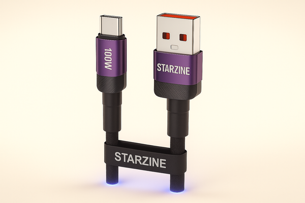 STARZINE USB cable and adapter on a light beige background