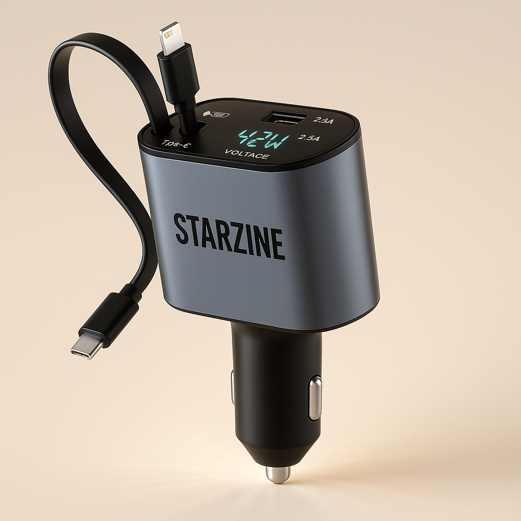 Starzine car charger with digital display on a beige background